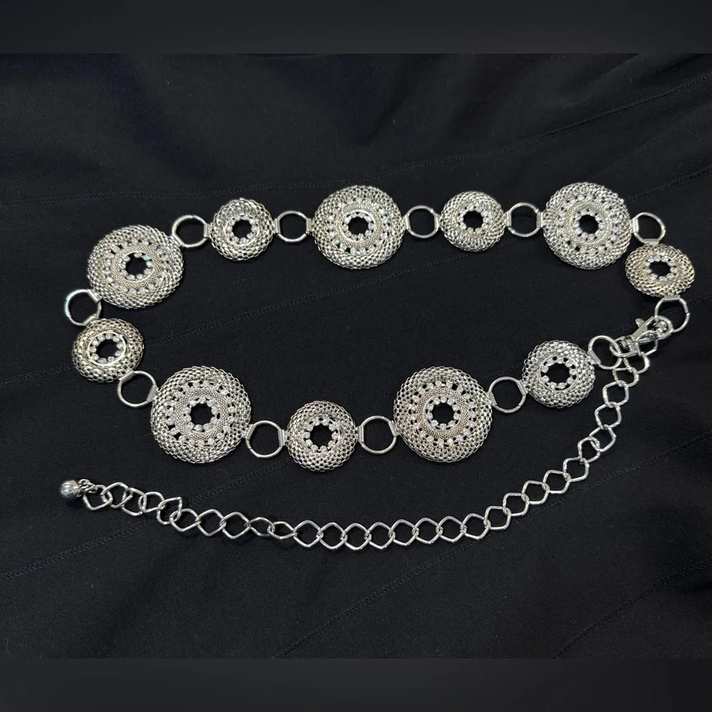 Silver Tone Rhinestone Concho Medallion Belly Body Chain Belt 45”